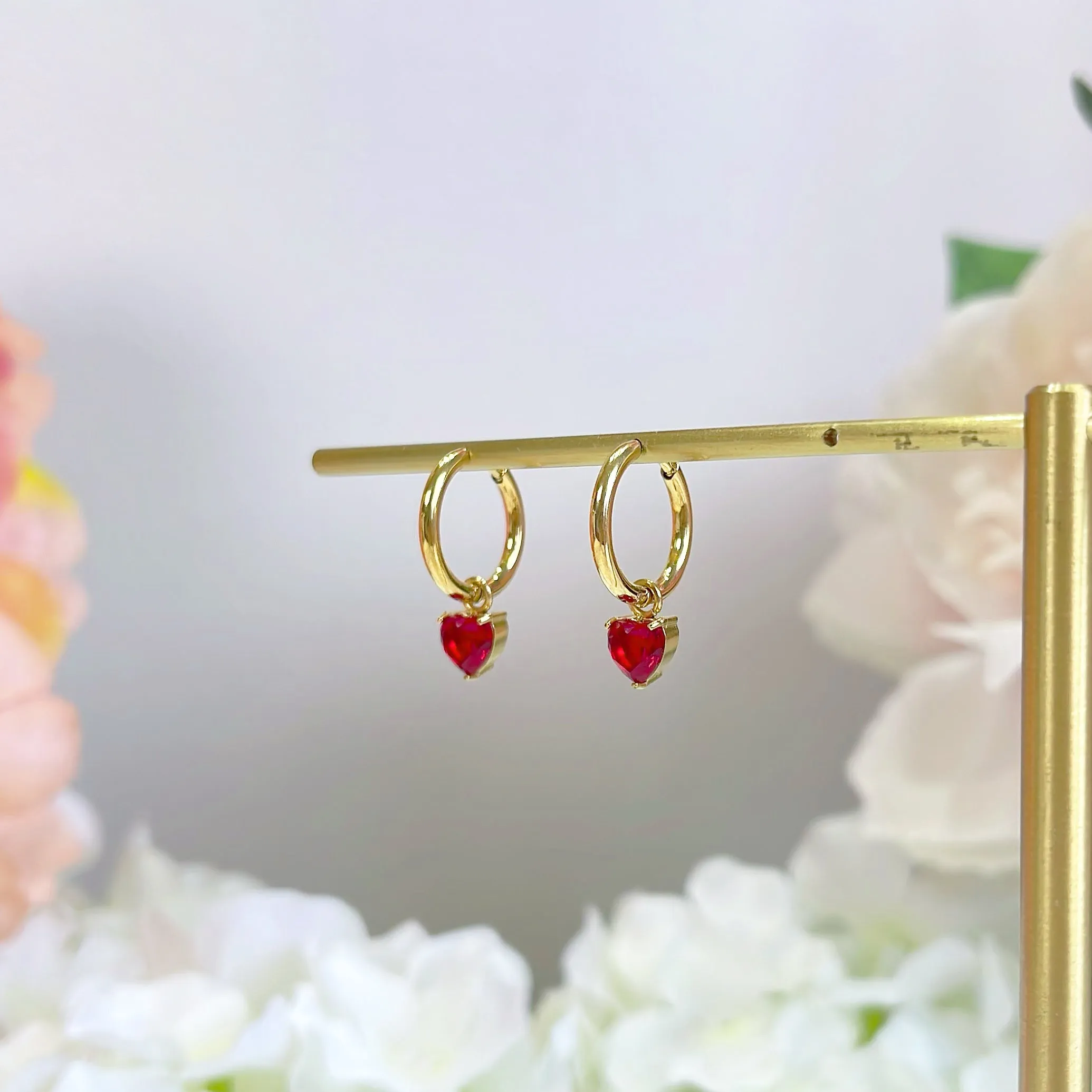 E169 dainty ruby red heart dangle earrings