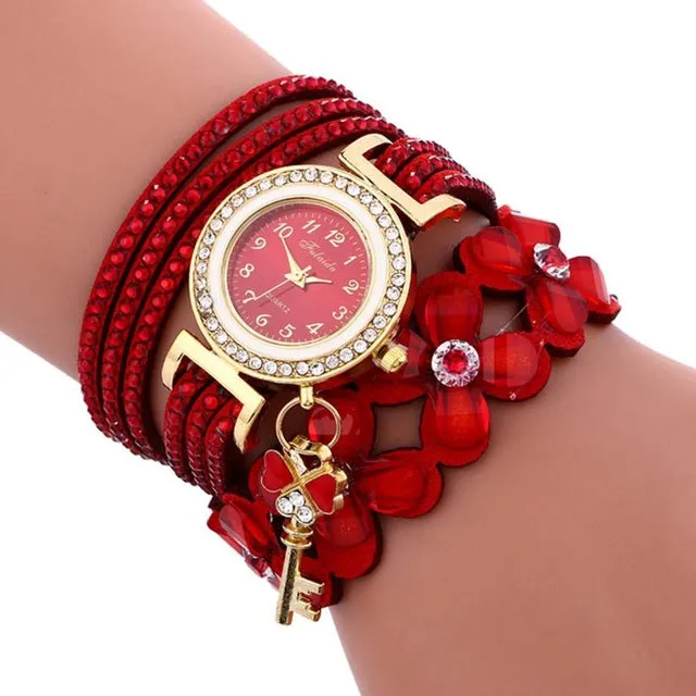 Fashion Flowers Diamonds Watches Women Leather Woven Wrap Dial Analog Quartz Wrist Watch Ladies Bracelet Rhinestone Watches #LH