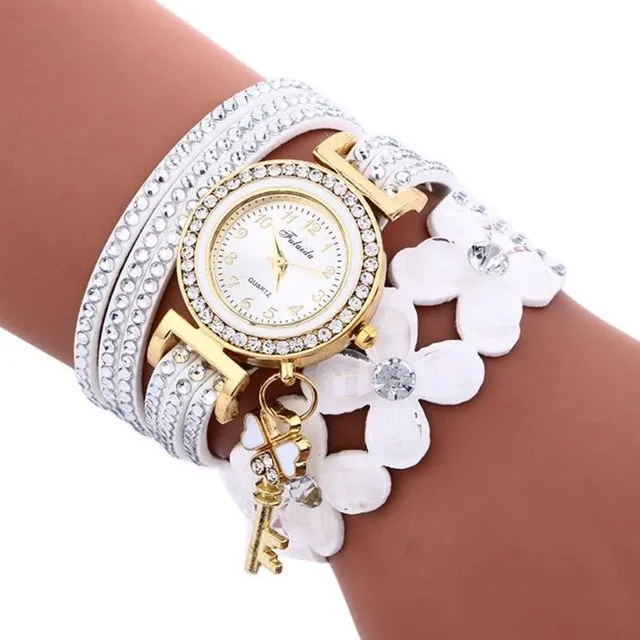 Fashion Flowers Diamonds Watches Women Leather Woven Wrap Dial Analog Quartz Wrist Watch Ladies Bracelet Rhinestone Watches #LH