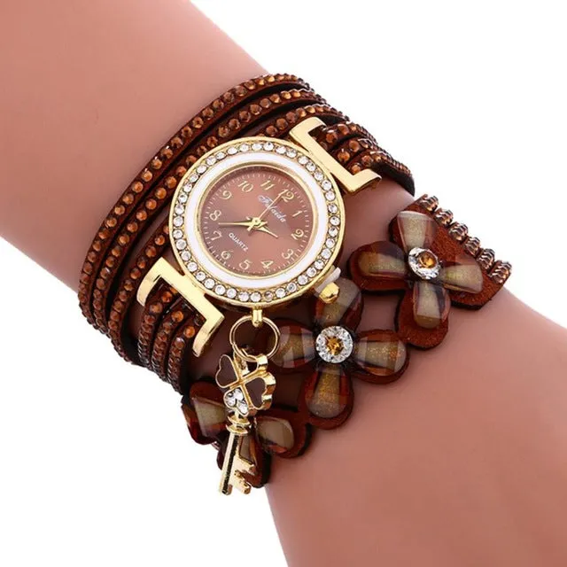 Fashion Flowers Diamonds Watches Women Leather Woven Wrap Dial Analog Quartz Wrist Watch Ladies Bracelet Rhinestone Watches #LH