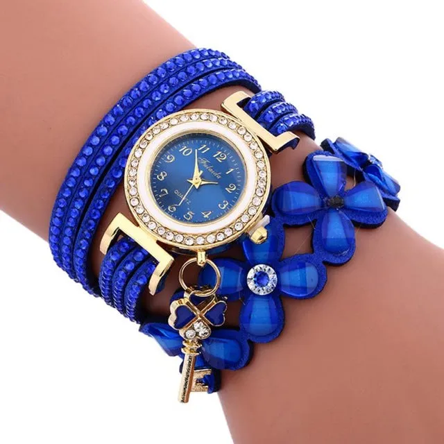 Fashion Flowers Diamonds Watches Women Leather Woven Wrap Dial Analog Quartz Wrist Watch Ladies Bracelet Rhinestone Watches #LH