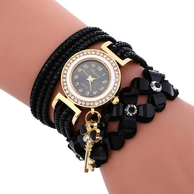 Fashion Flowers Diamonds Watches Women Leather Woven Wrap Dial Analog Quartz Wrist Watch Ladies Bracelet Rhinestone Watches #LH