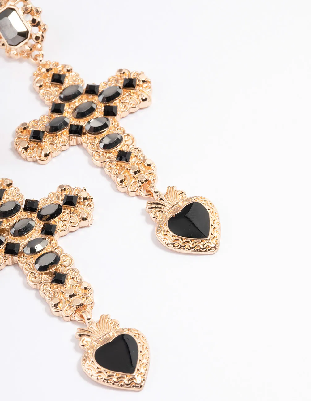 Gold Stone Cross Drop Heart Earrings