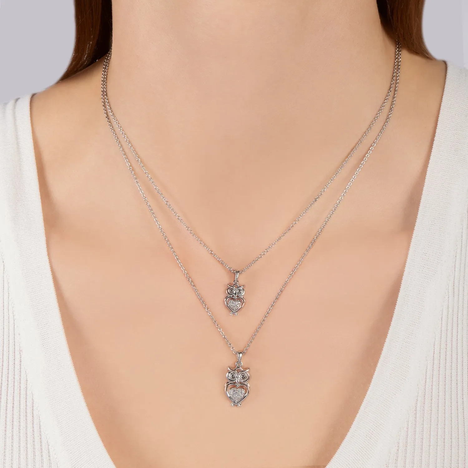 Hallmark Fine Jewelry Two-of-a-Kind Owl Pendants in Sterling Silver with Diamonds
