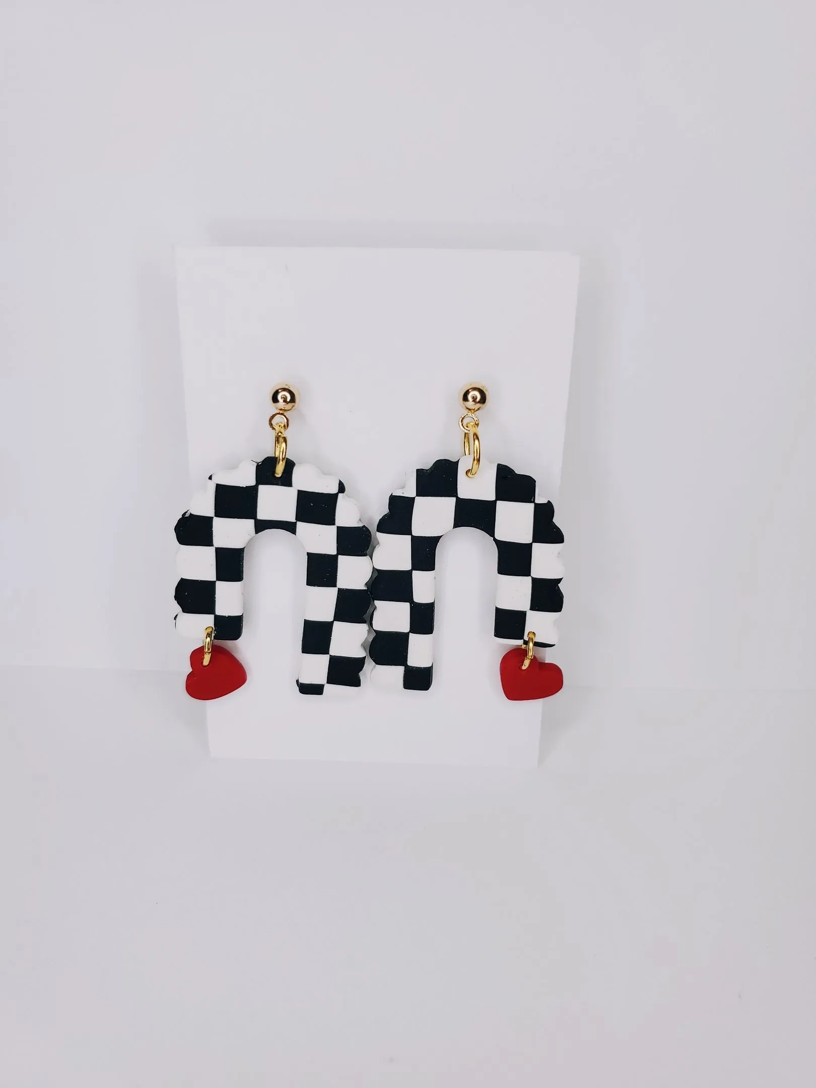Handmade Scalloped Arch Checkerboard Heart Charm Clay Earrings