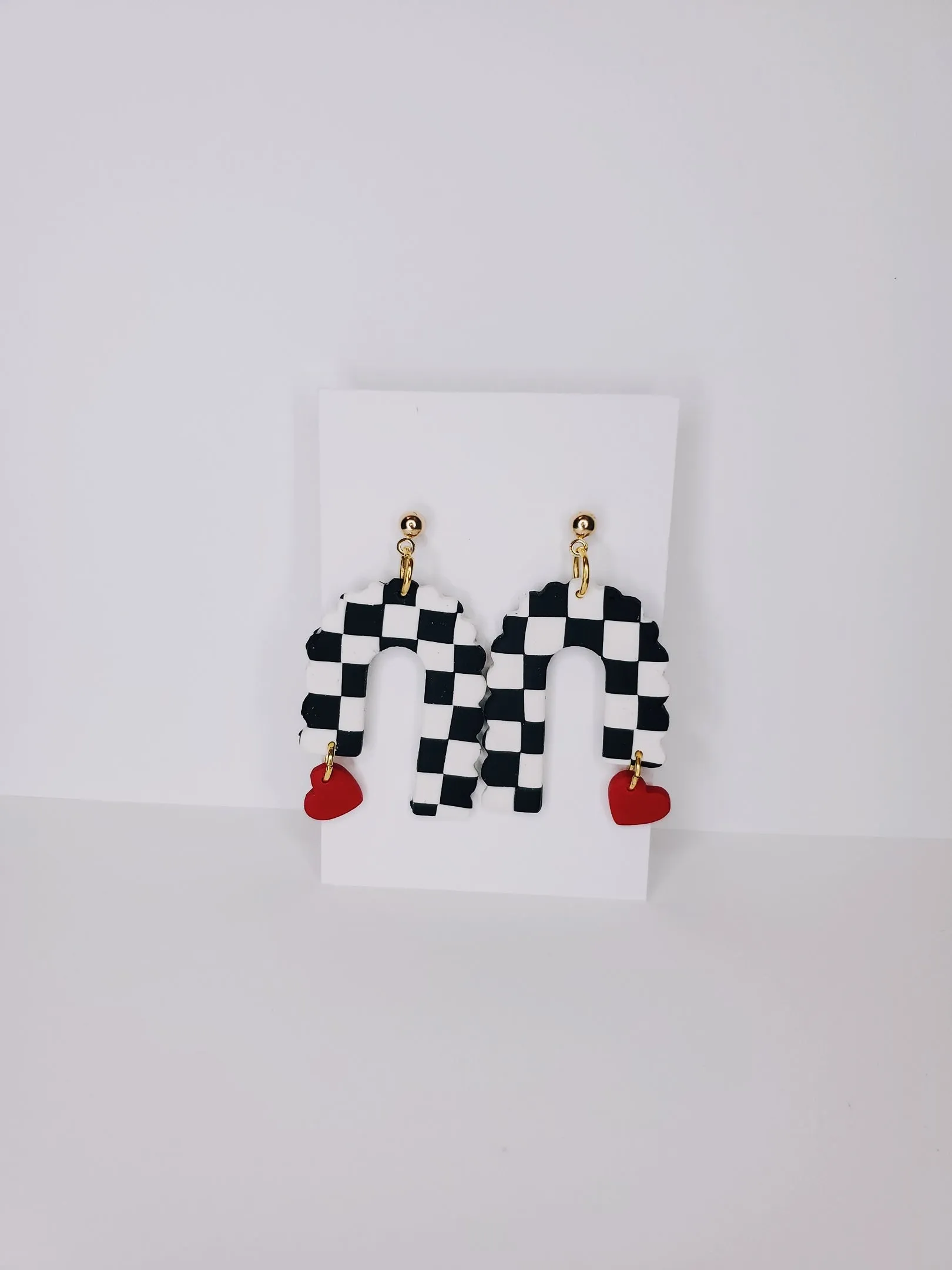 Handmade Scalloped Arch Checkerboard Heart Charm Clay Earrings