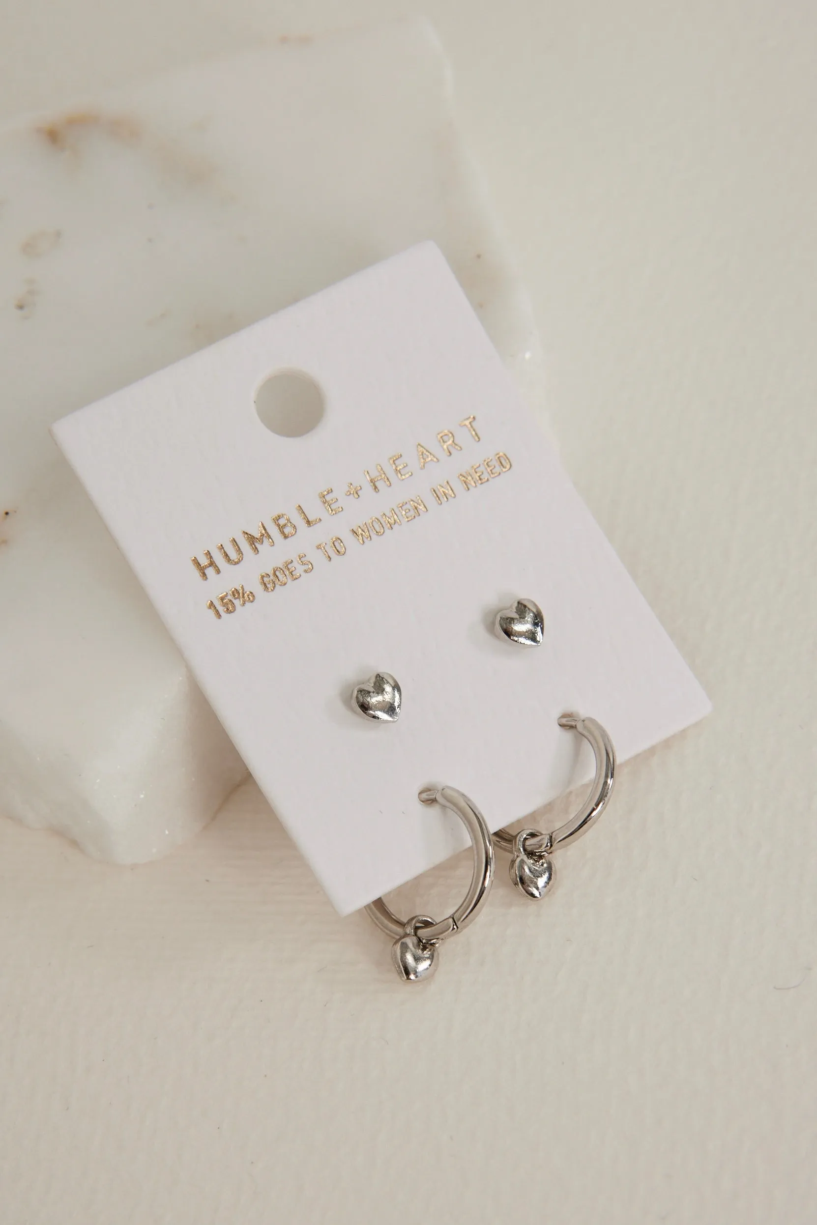 Heart Sleeper Stud Set Rhodium Earrings