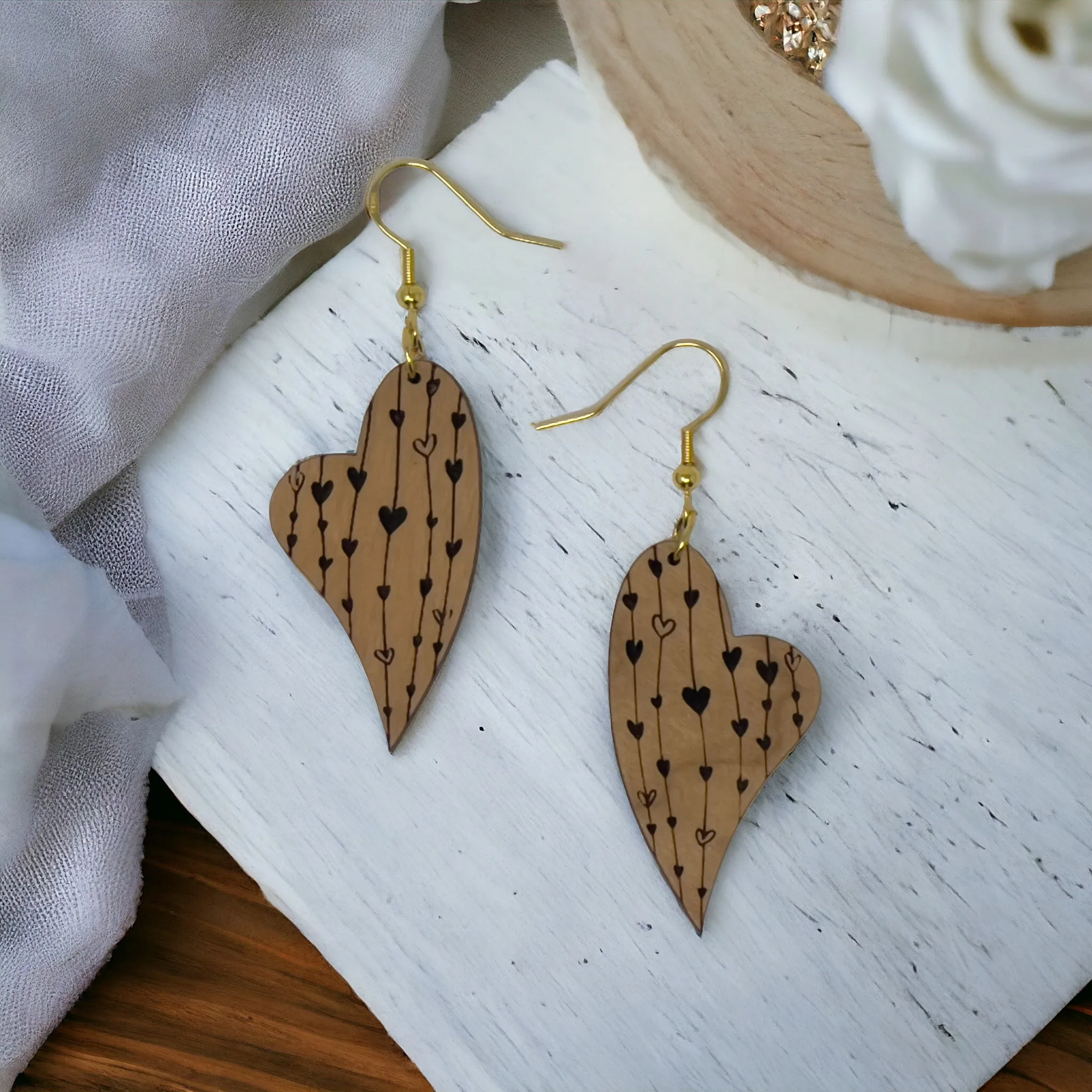 Heart Valentines Dangle Earrings, Cute Holiday Earring, Rustic Wooden Curved Earring, Country Boho Jewelry, Statement Engraved Heart Earring