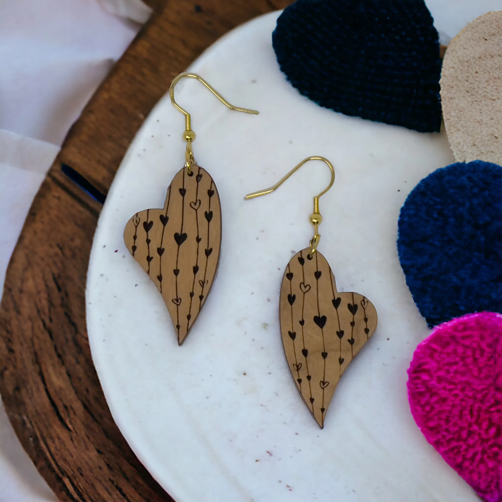 Heart Valentines Dangle Earrings, Cute Holiday Earring, Rustic Wooden Curved Earring, Country Boho Jewelry, Statement Engraved Heart Earring