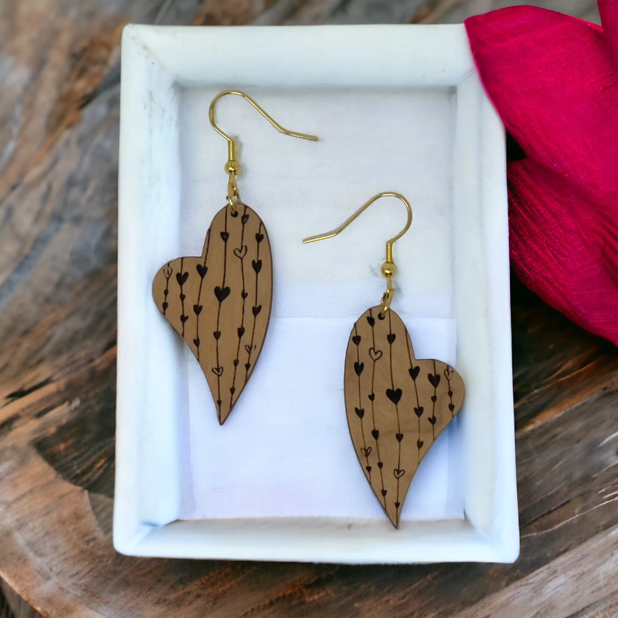 Heart Valentines Dangle Earrings, Cute Holiday Earring, Rustic Wooden Curved Earring, Country Boho Jewelry, Statement Engraved Heart Earring