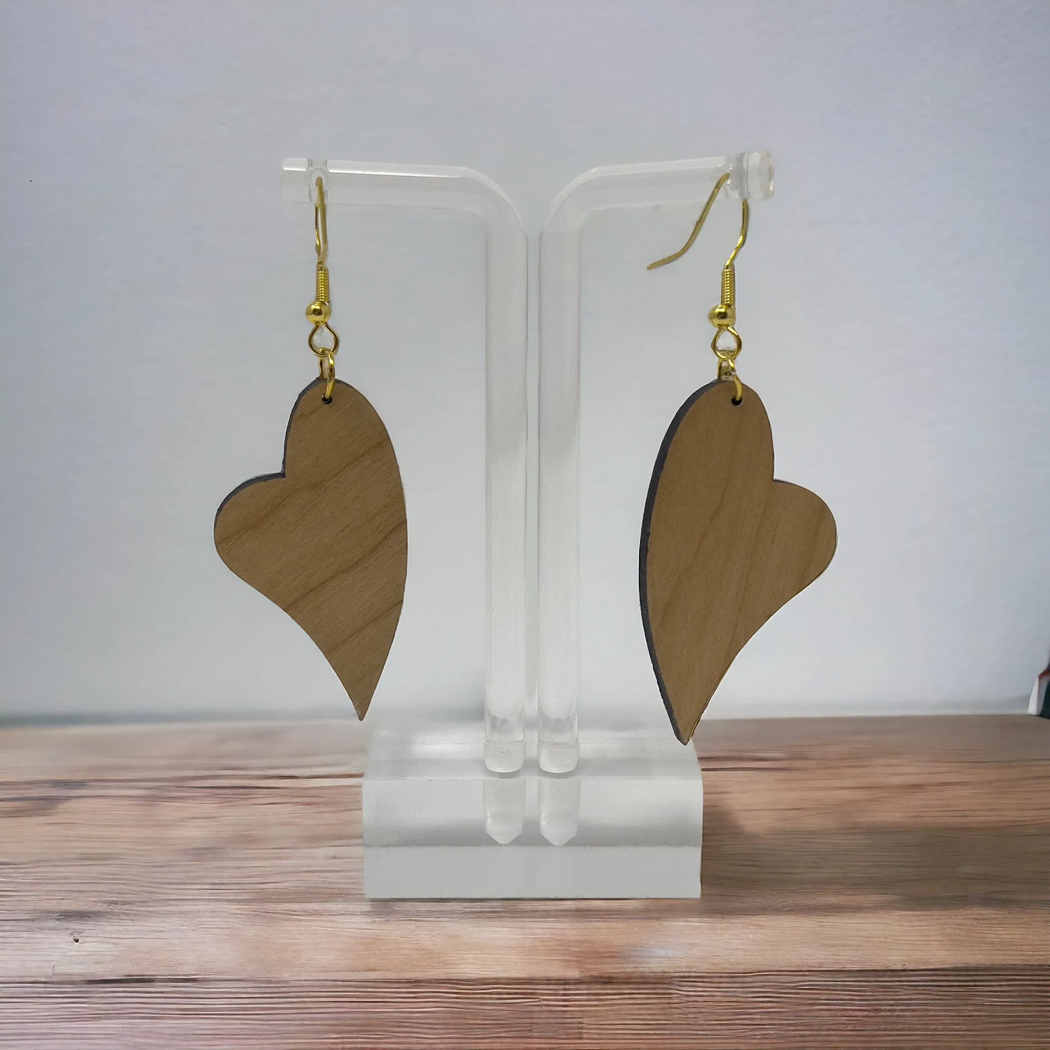Heart Valentines Dangle Earrings, Cute Holiday Earring, Rustic Wooden Curved Earring, Country Boho Jewelry, Statement Engraved Heart Earring