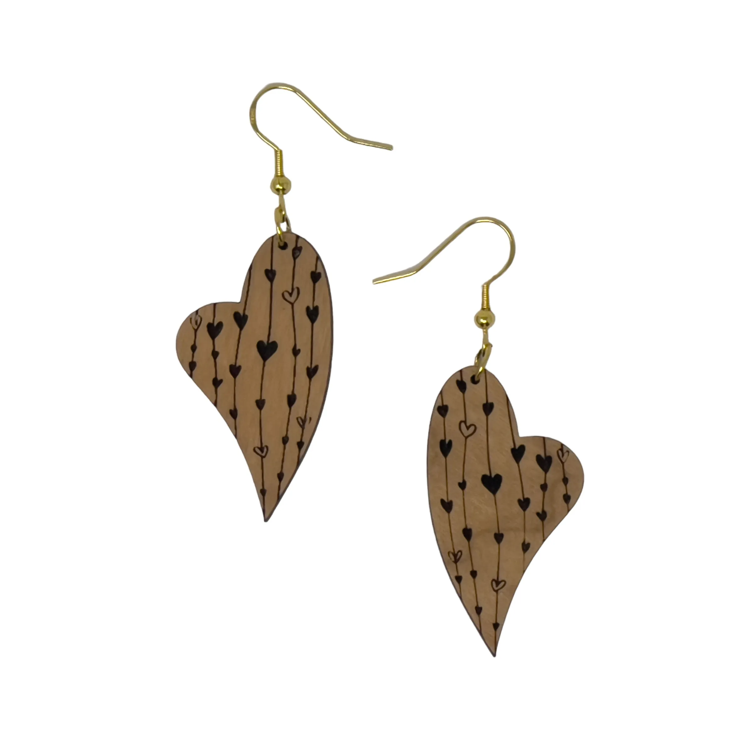 Heart Valentines Dangle Earrings, Cute Holiday Earring, Rustic Wooden Curved Earring, Country Boho Jewelry, Statement Engraved Heart Earring