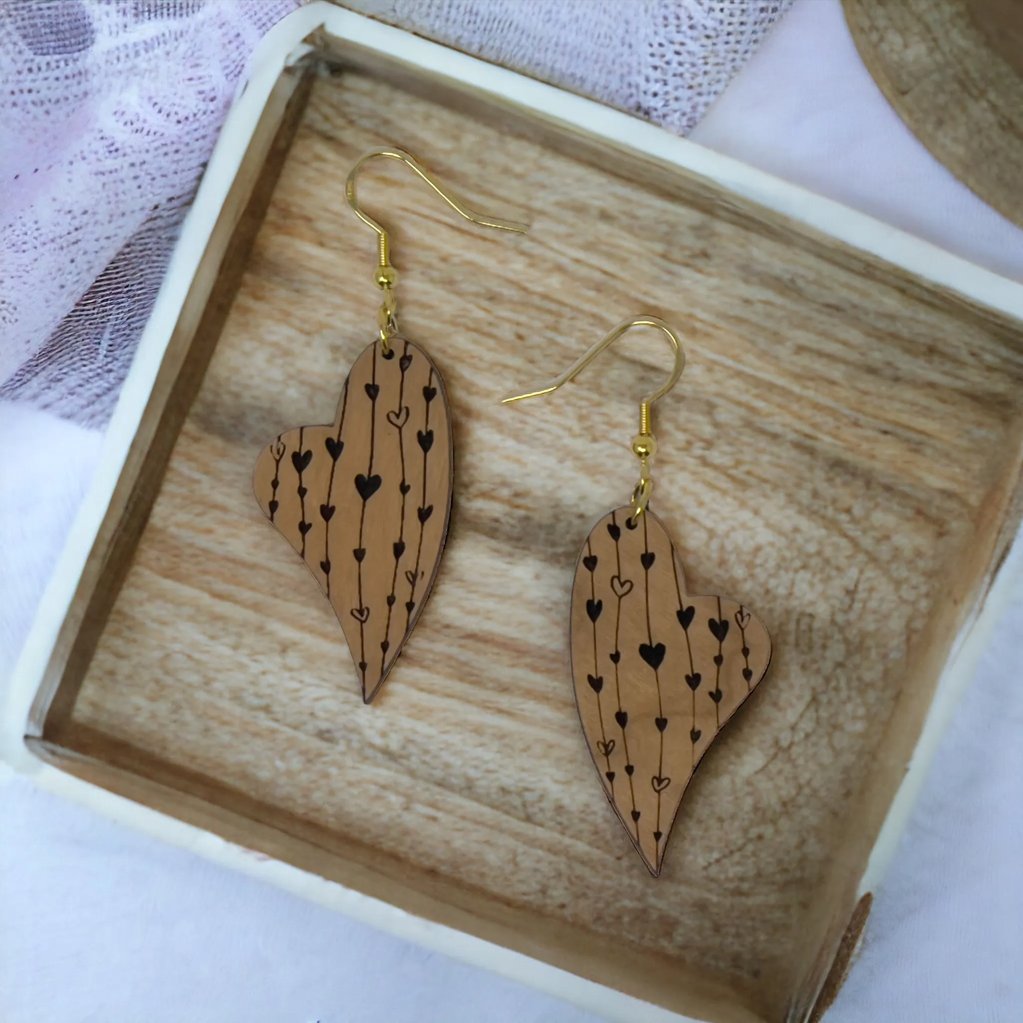 Heart Valentines Dangle Earrings, Cute Holiday Earring, Rustic Wooden Curved Earring, Country Boho Jewelry, Statement Engraved Heart Earring