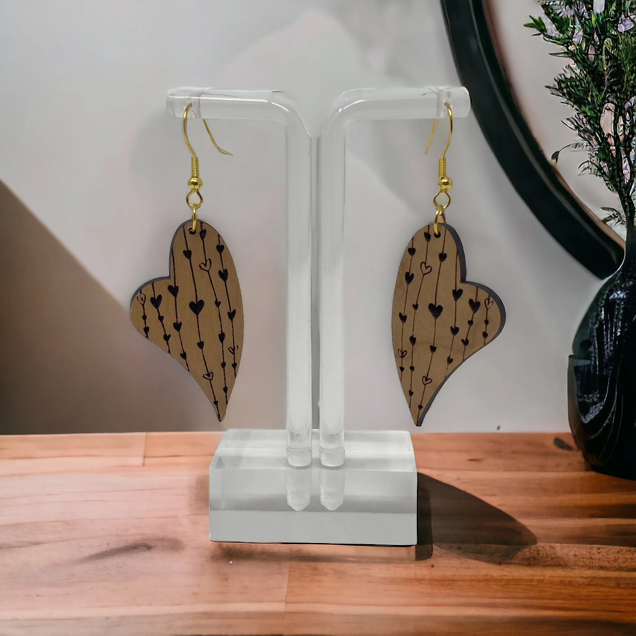Heart Valentines Dangle Earrings, Cute Holiday Earring, Rustic Wooden Curved Earring, Country Boho Jewelry, Statement Engraved Heart Earring