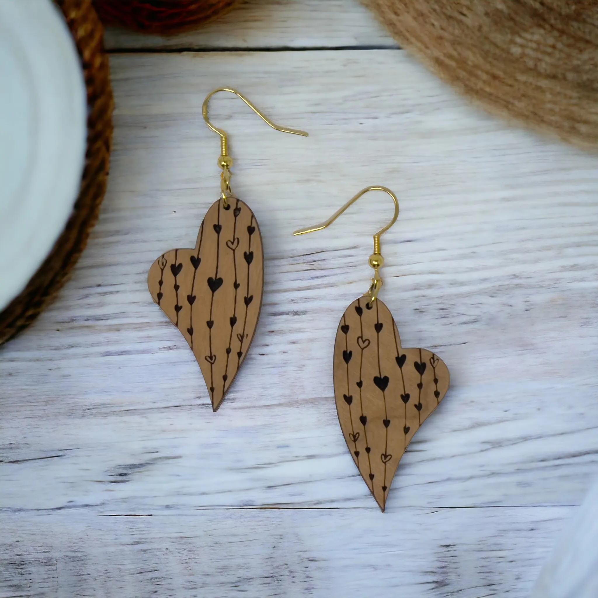 Heart Valentines Dangle Earrings, Cute Holiday Earring, Rustic Wooden Curved Earring, Country Boho Jewelry, Statement Engraved Heart Earring