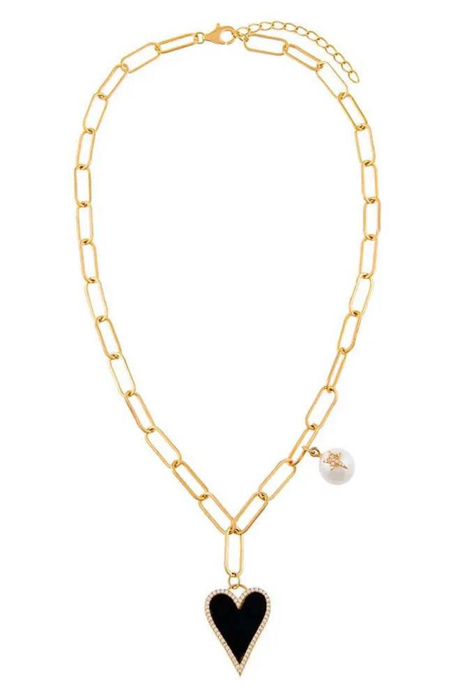 Heart X Pearl Charm PPC Necklace Onyx