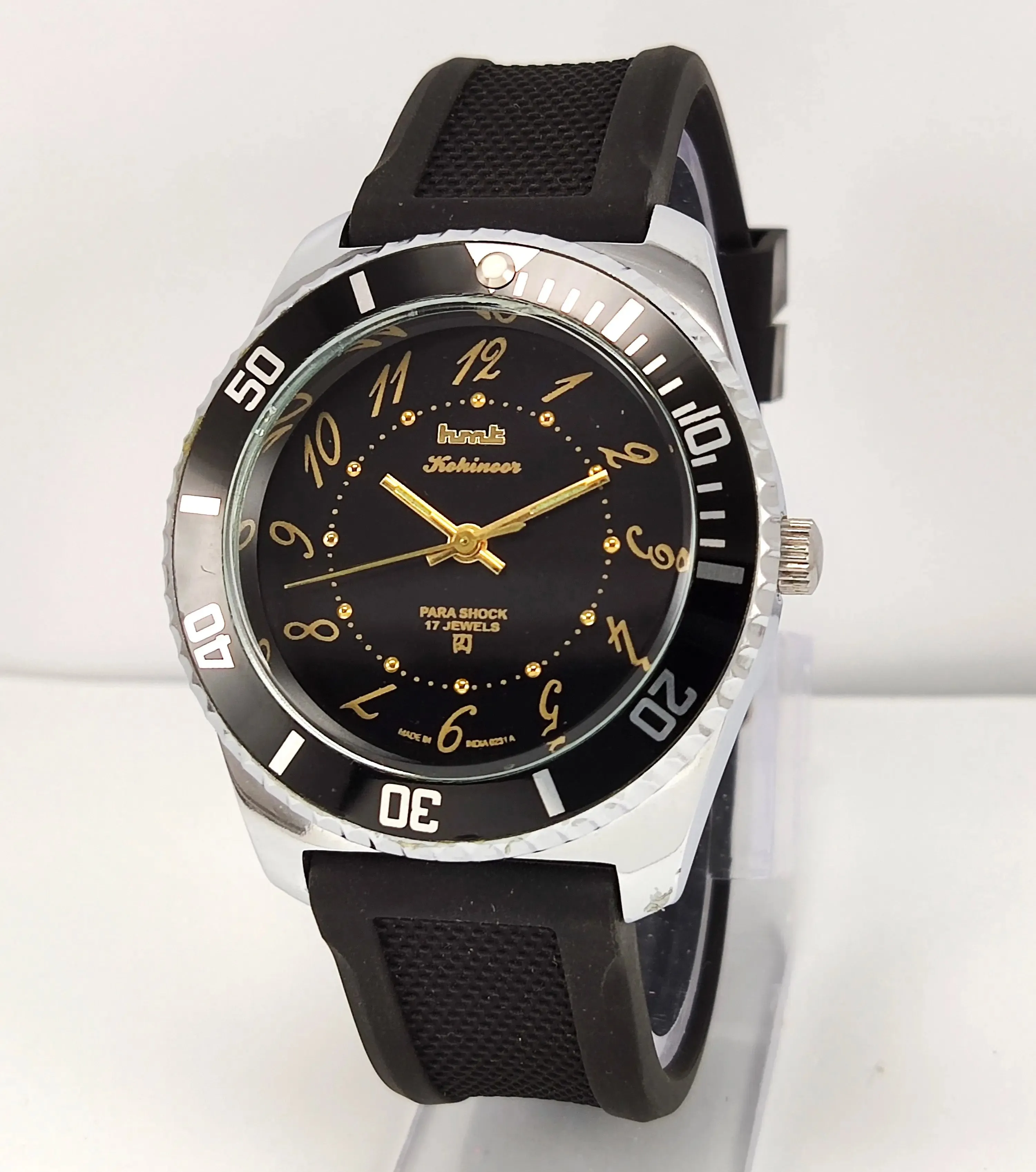 HMT Kohinoor Black Dial Para Shock 17 Jewels Transparent Back Men's Sports Watch