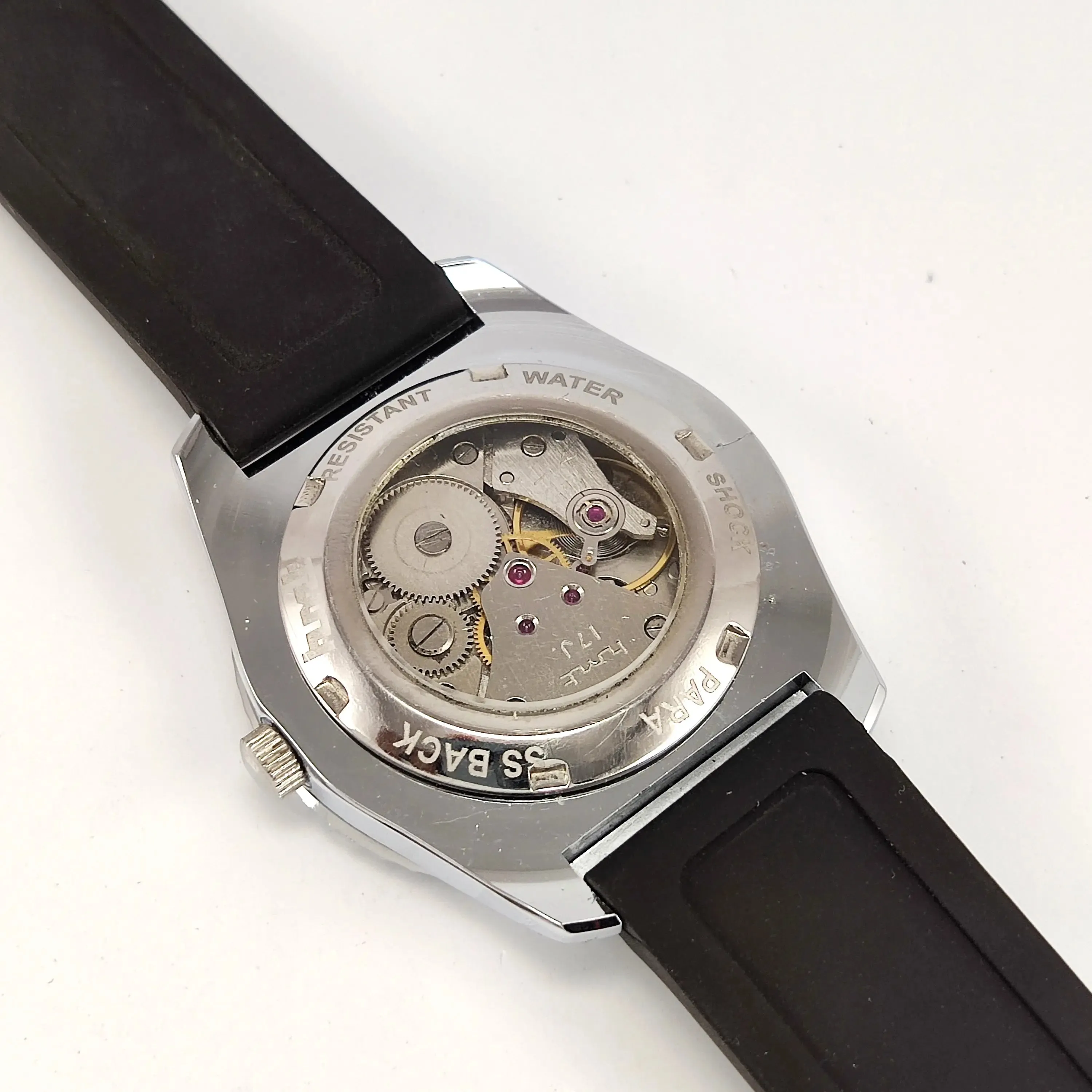HMT Kohinoor Black Dial Para Shock 17 Jewels Transparent Back Men's Sports Watch