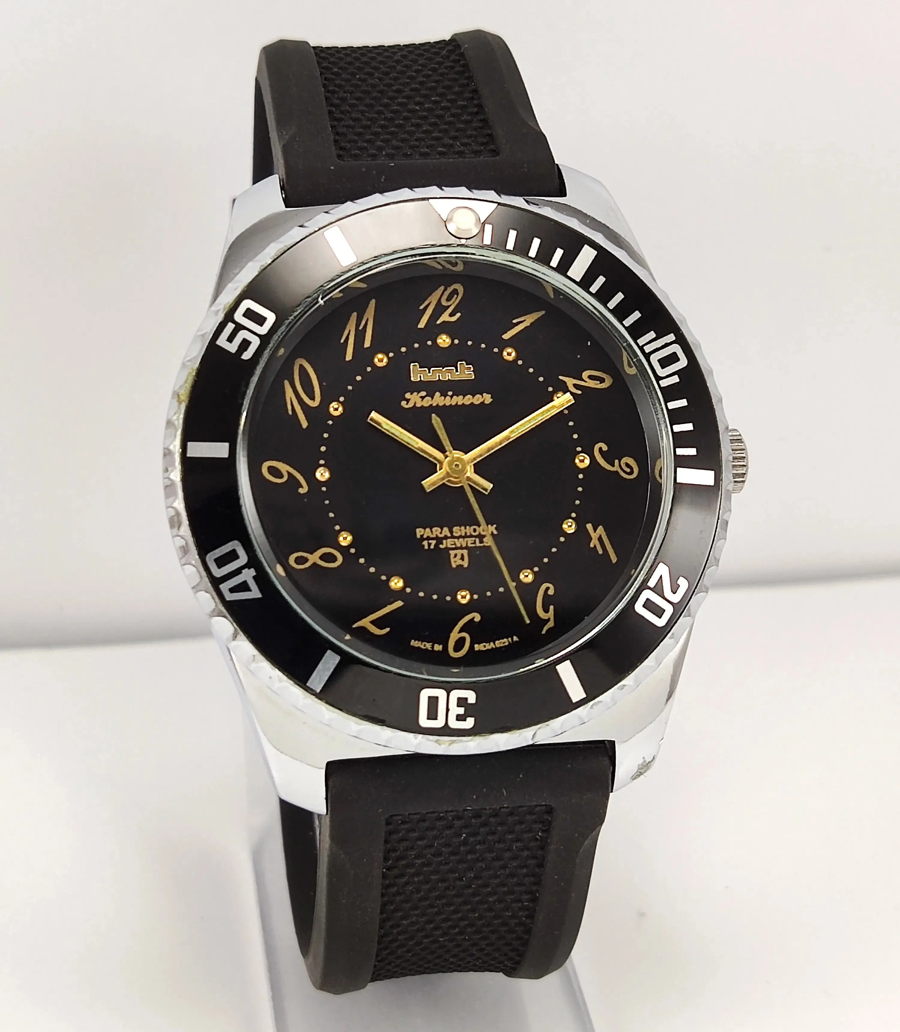 HMT Kohinoor Black Dial Para Shock 17 Jewels Transparent Back Men's Sports Watch