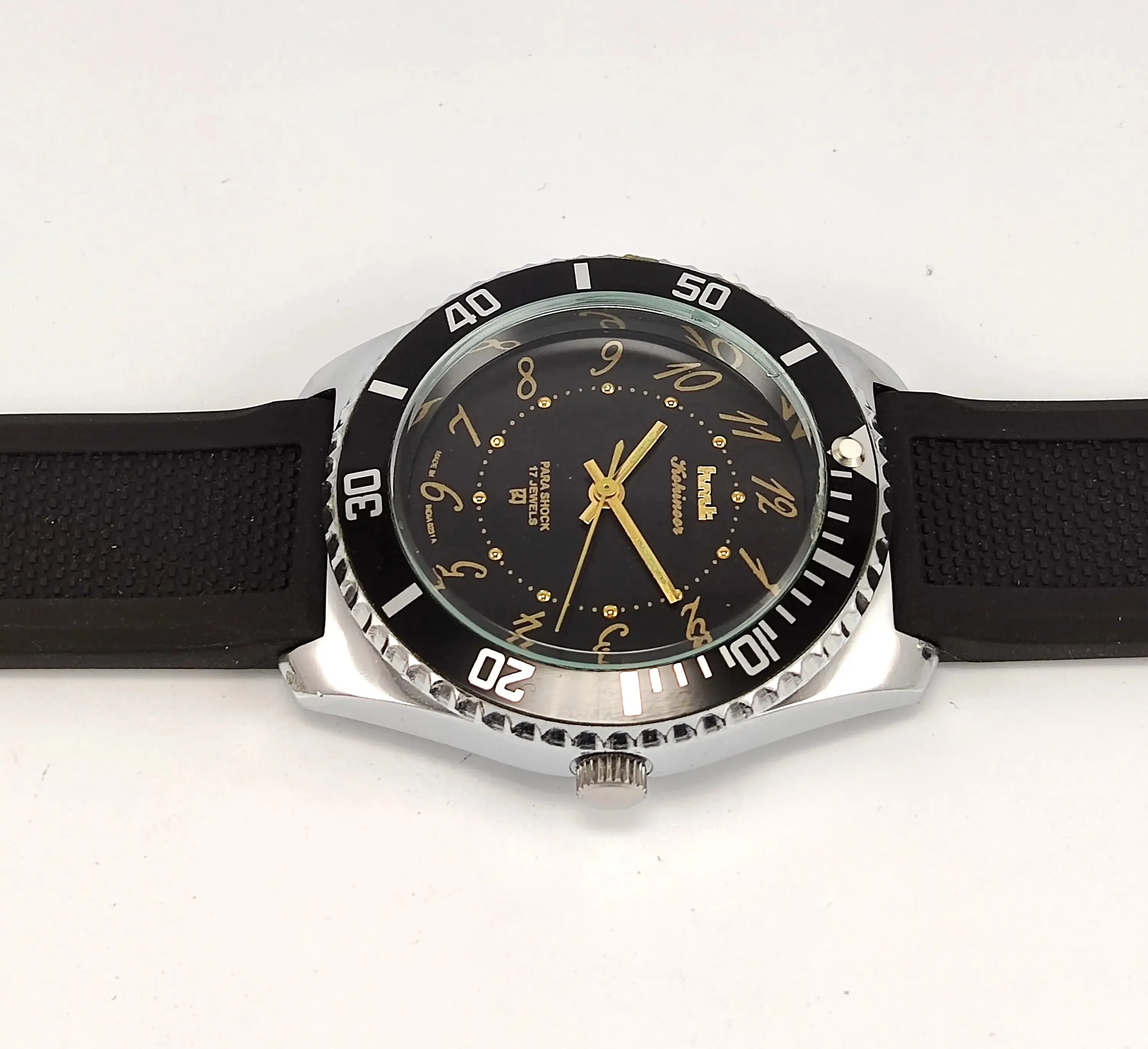 HMT Kohinoor Black Dial Para Shock 17 Jewels Transparent Back Men's Sports Watch