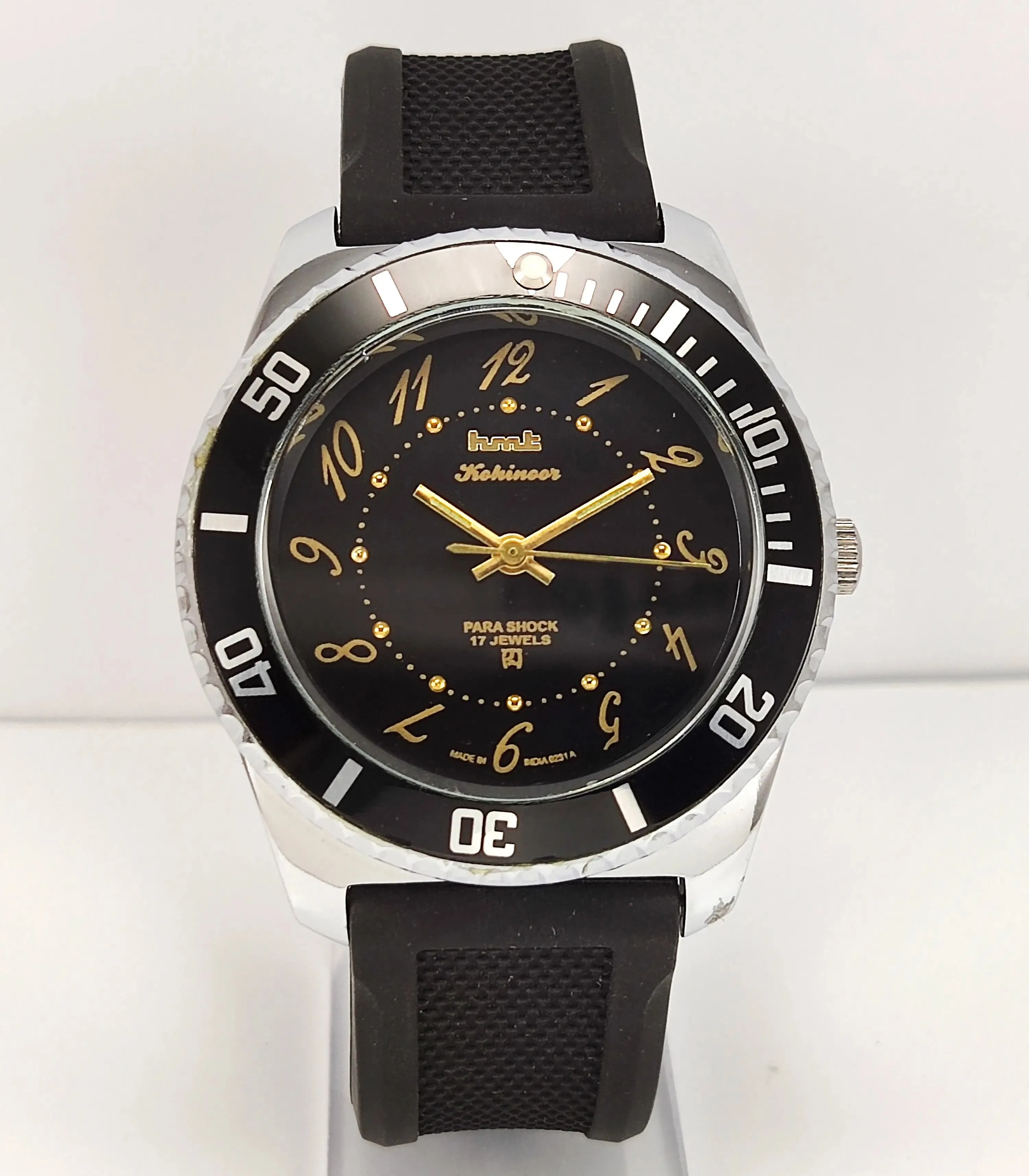 HMT Kohinoor Black Dial Para Shock 17 Jewels Transparent Back Men's Sports Watch
