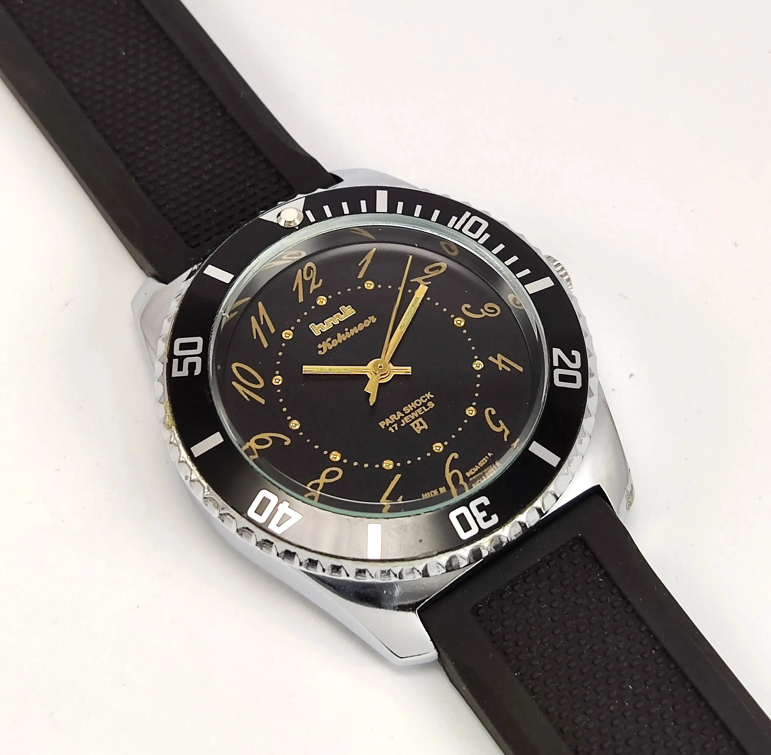 HMT Kohinoor Black Dial Para Shock 17 Jewels Transparent Back Men's Sports Watch