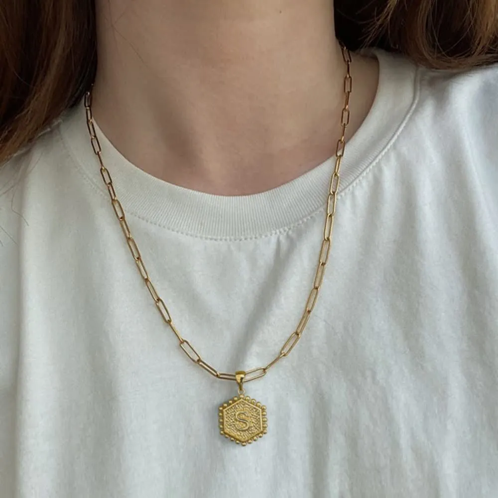 Initial Letter Necklace 14K Gold Plated Paperclip Chain Hexagon Pendant Choker