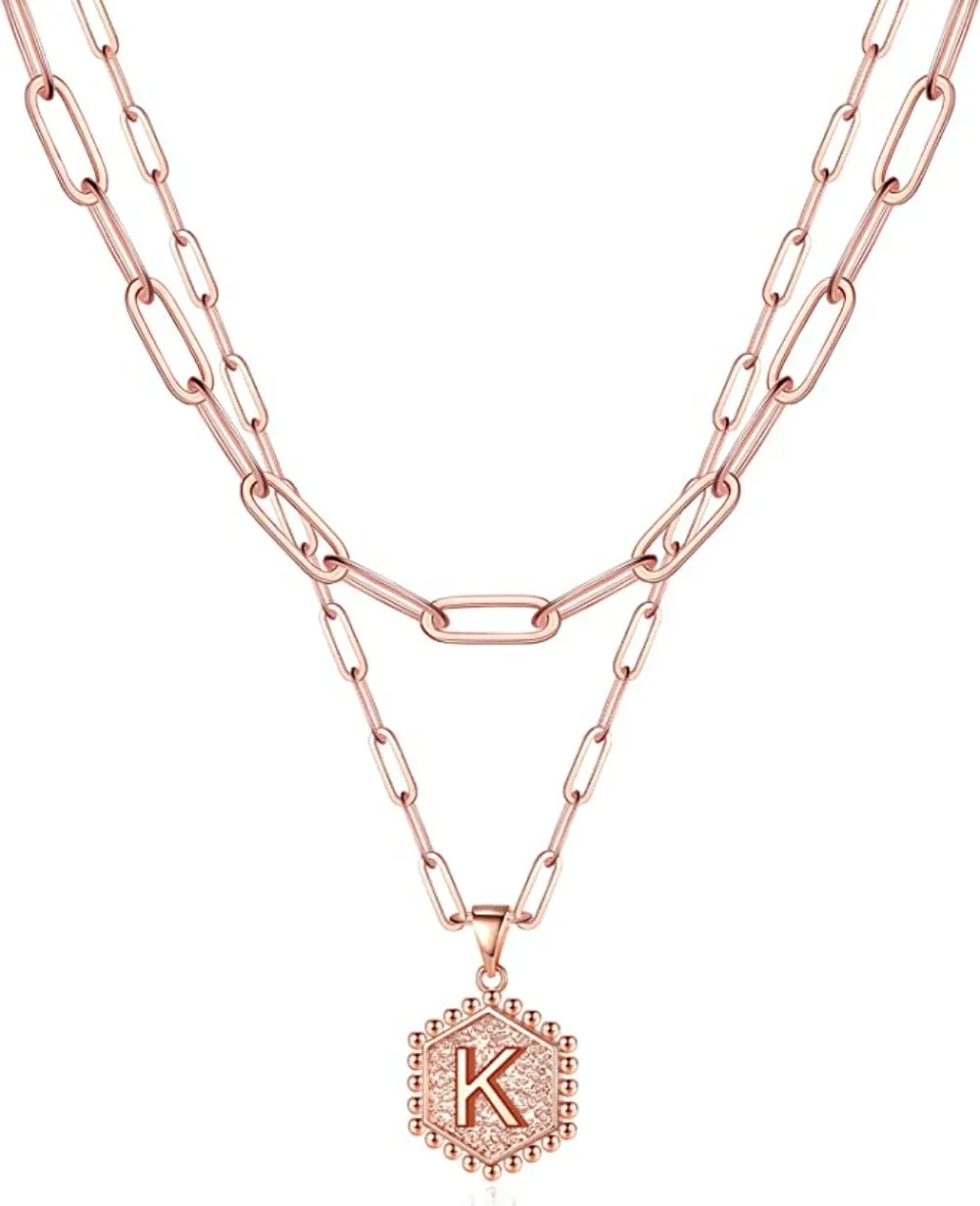 Initial Letter Necklace 14K Gold Plated Paperclip Chain Hexagon Pendant Choker