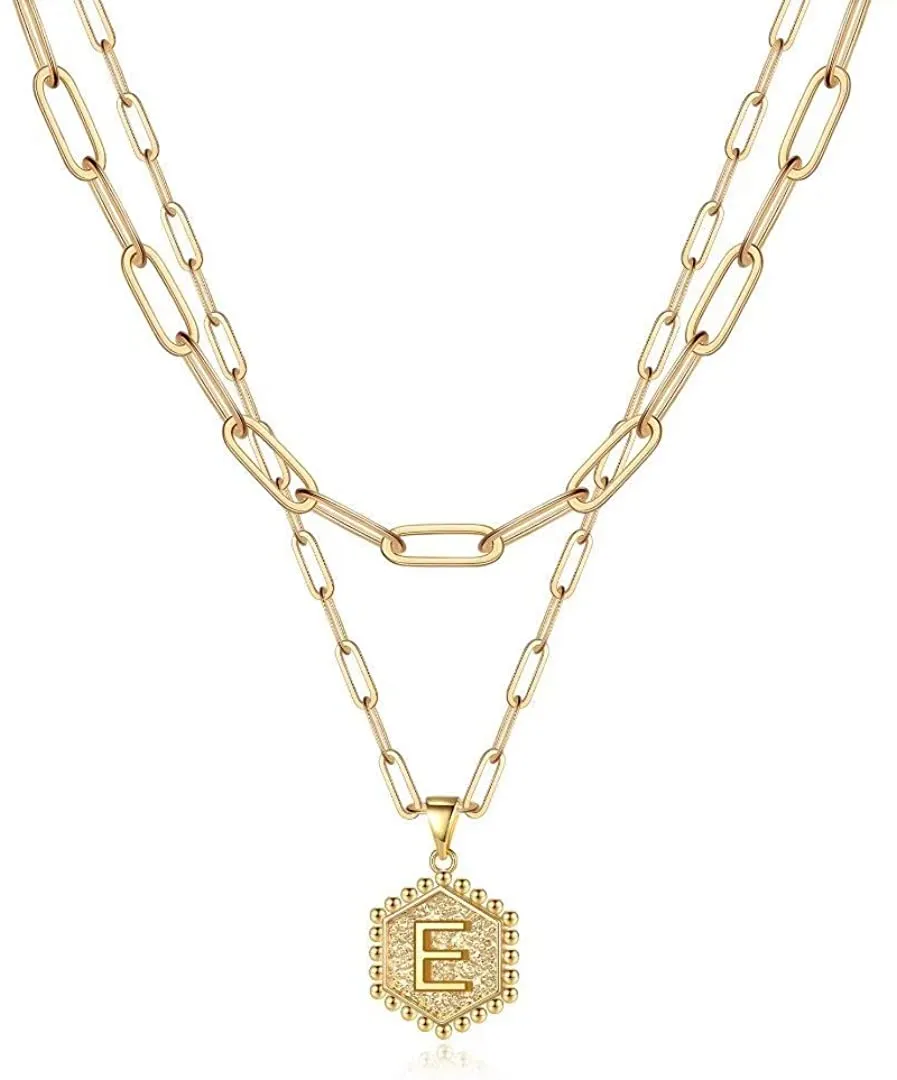 Initial Letter Necklace 14K Gold Plated Paperclip Chain Hexagon Pendant Choker