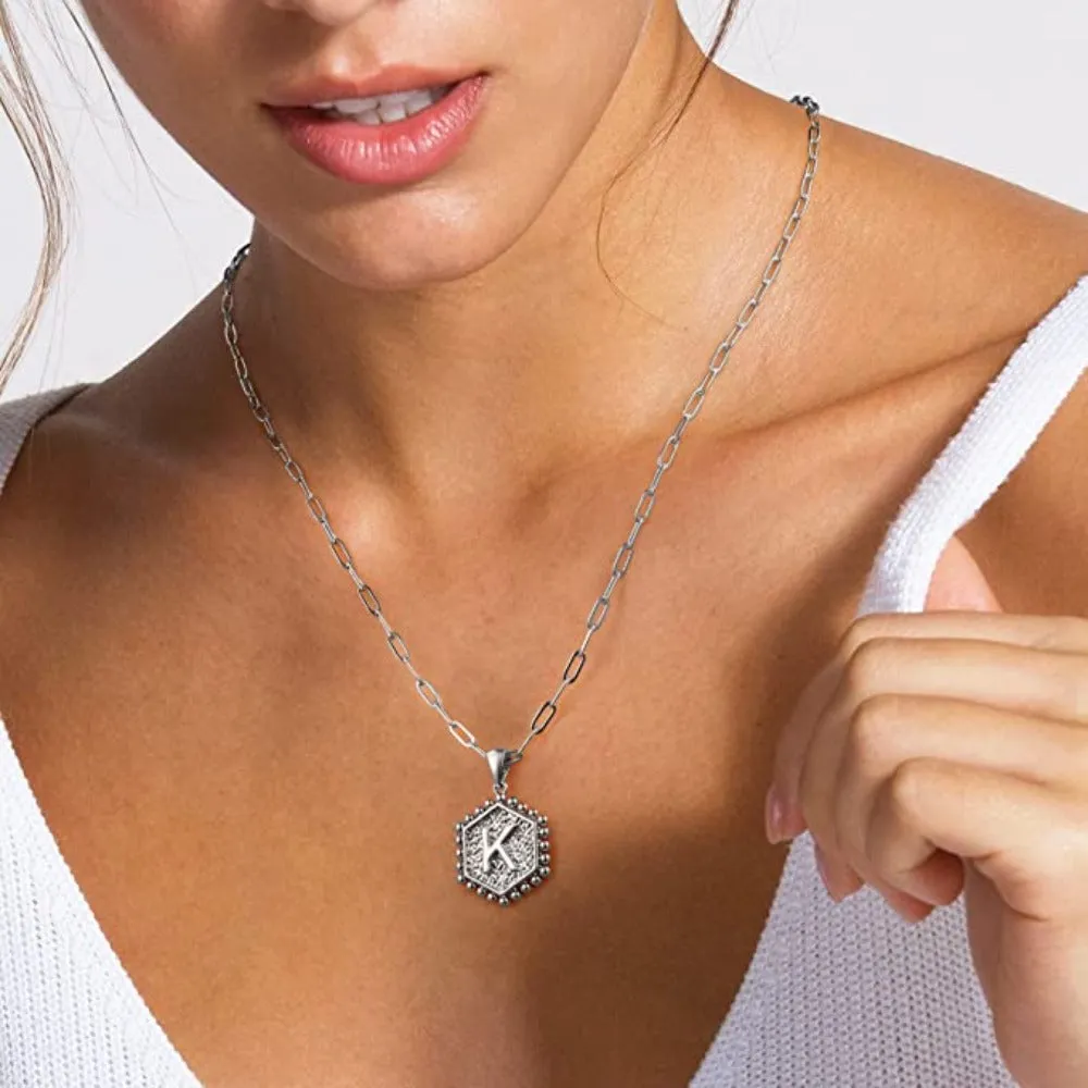 Initial Letter Necklace 14K Gold Plated Paperclip Chain Hexagon Pendant Choker