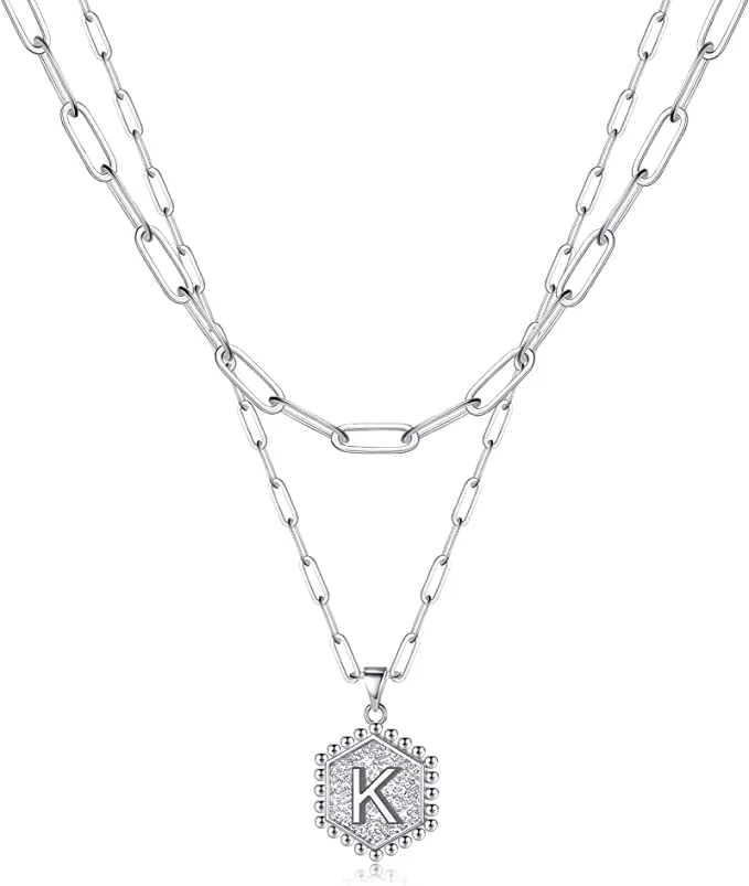Initial Letter Necklace 14K Gold Plated Paperclip Chain Hexagon Pendant Choker