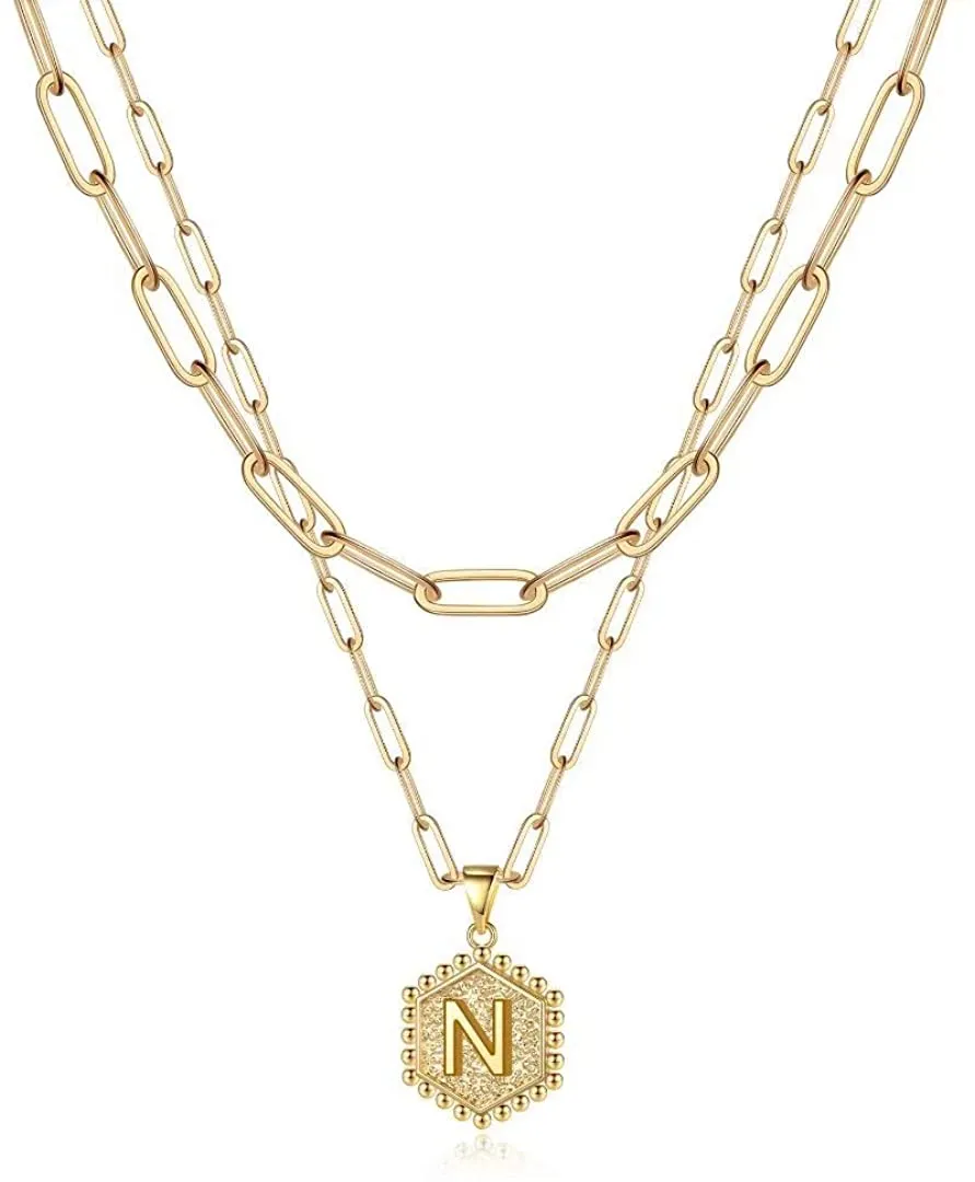 Initial Letter Necklace 14K Gold Plated Paperclip Chain Hexagon Pendant Choker