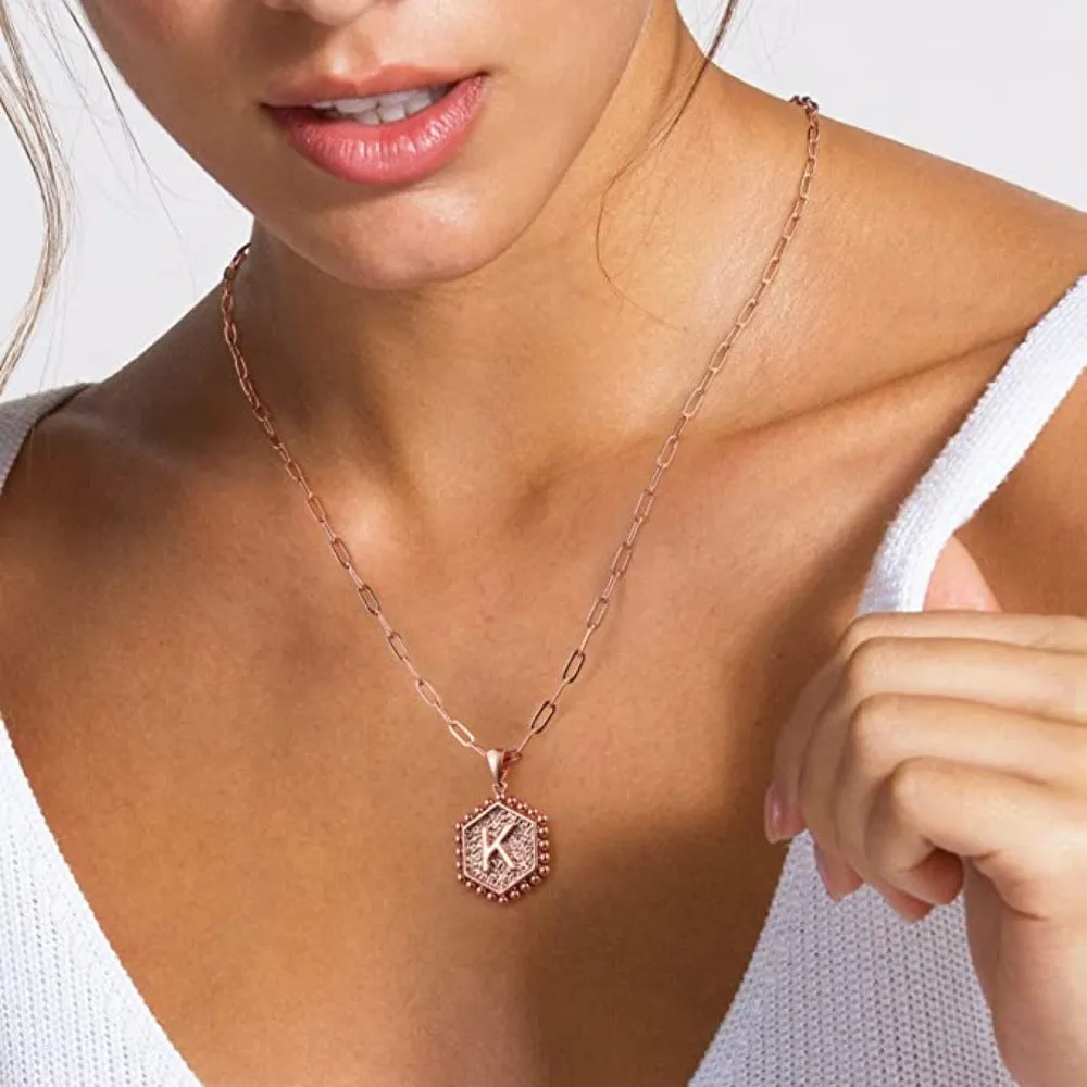 Initial Letter Necklace 14K Gold Plated Paperclip Chain Hexagon Pendant Choker