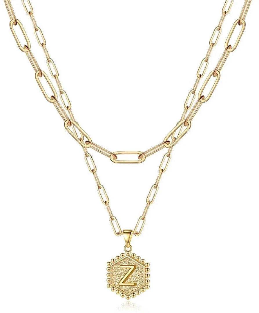 Initial Letter Necklace 14K Gold Plated Paperclip Chain Hexagon Pendant Choker