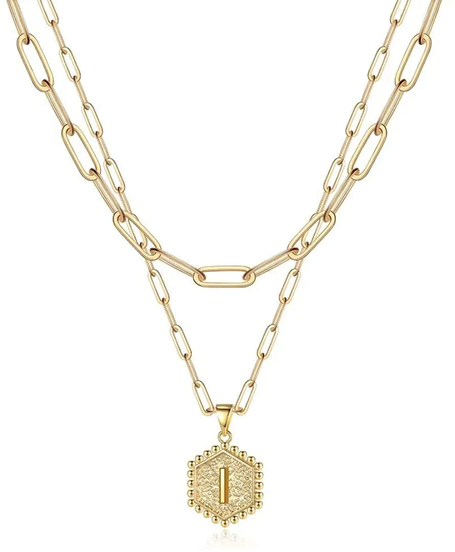 Initial Letter Necklace 14K Gold Plated Paperclip Chain Hexagon Pendant Choker