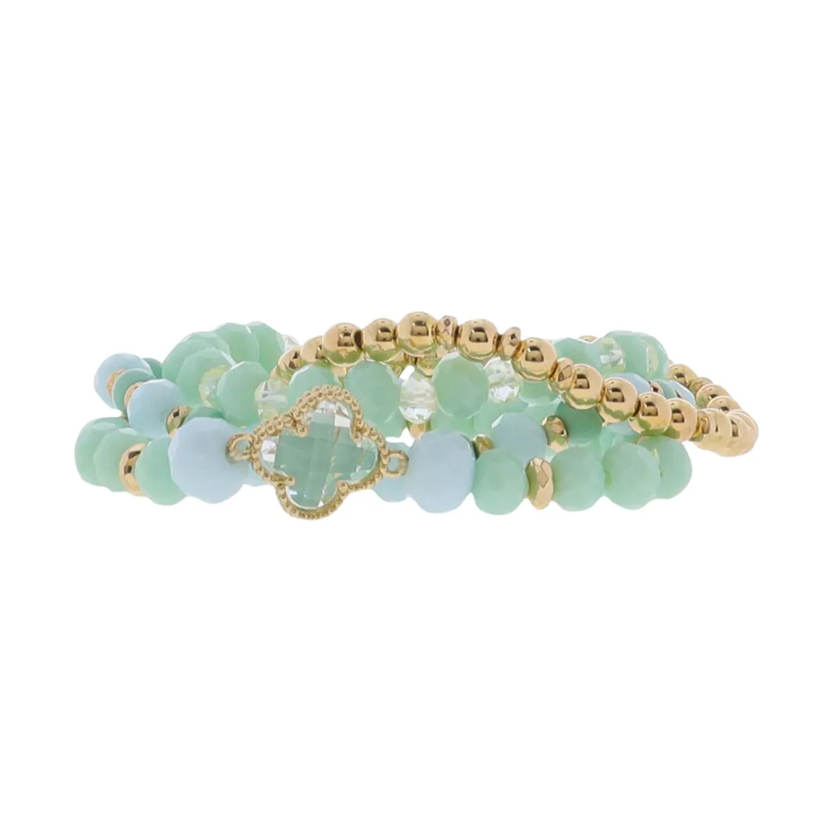 Jayne Set of 4 Mint, Light Blue, Gold beaded with Clear Crystal Quatrefoil Bracelet