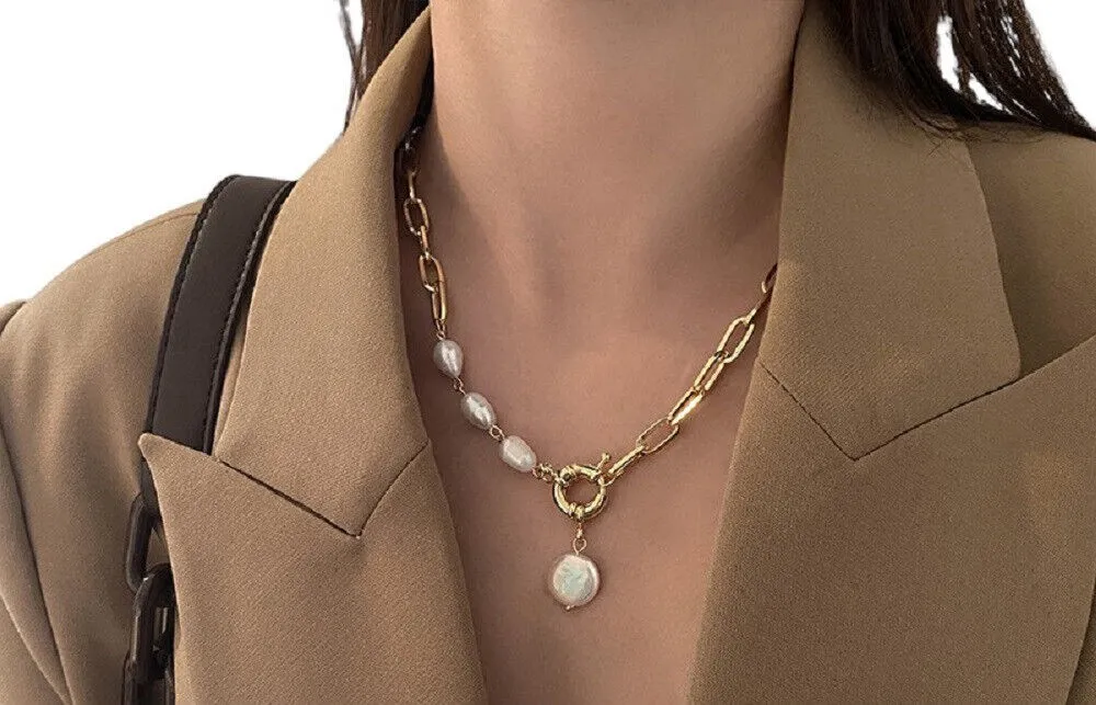Ladies Gold Plated Baroque Pearl Bead Interlink Oval Chain Drop Pendant Necklace