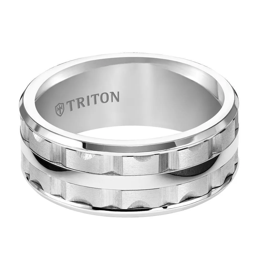 LOWELL Beveled Edge White Tungsten Carbide Wedding Band with Split Matrix Pattern and Polished Center Stripe by Triton Rings - 9mm