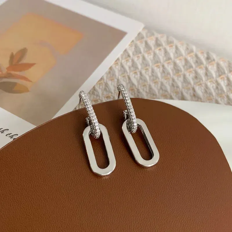Modern Double Loop Design Shiny Crystal Hoop Stainless Steel Earrings for Women Beautiful Dangle Charm Jewelry Accessories