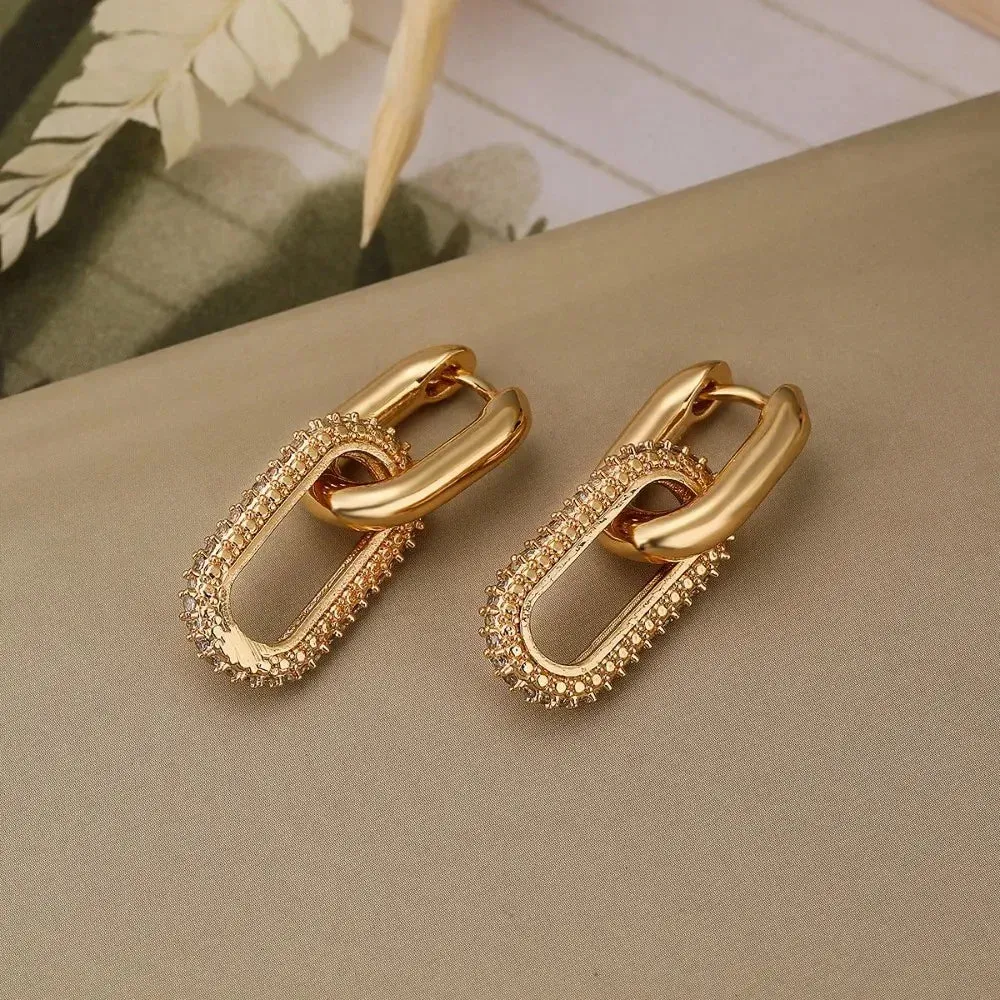 Modern Double Loop Design Shiny Crystal Hoop Stainless Steel Earrings for Women Beautiful Dangle Charm Jewelry Accessories