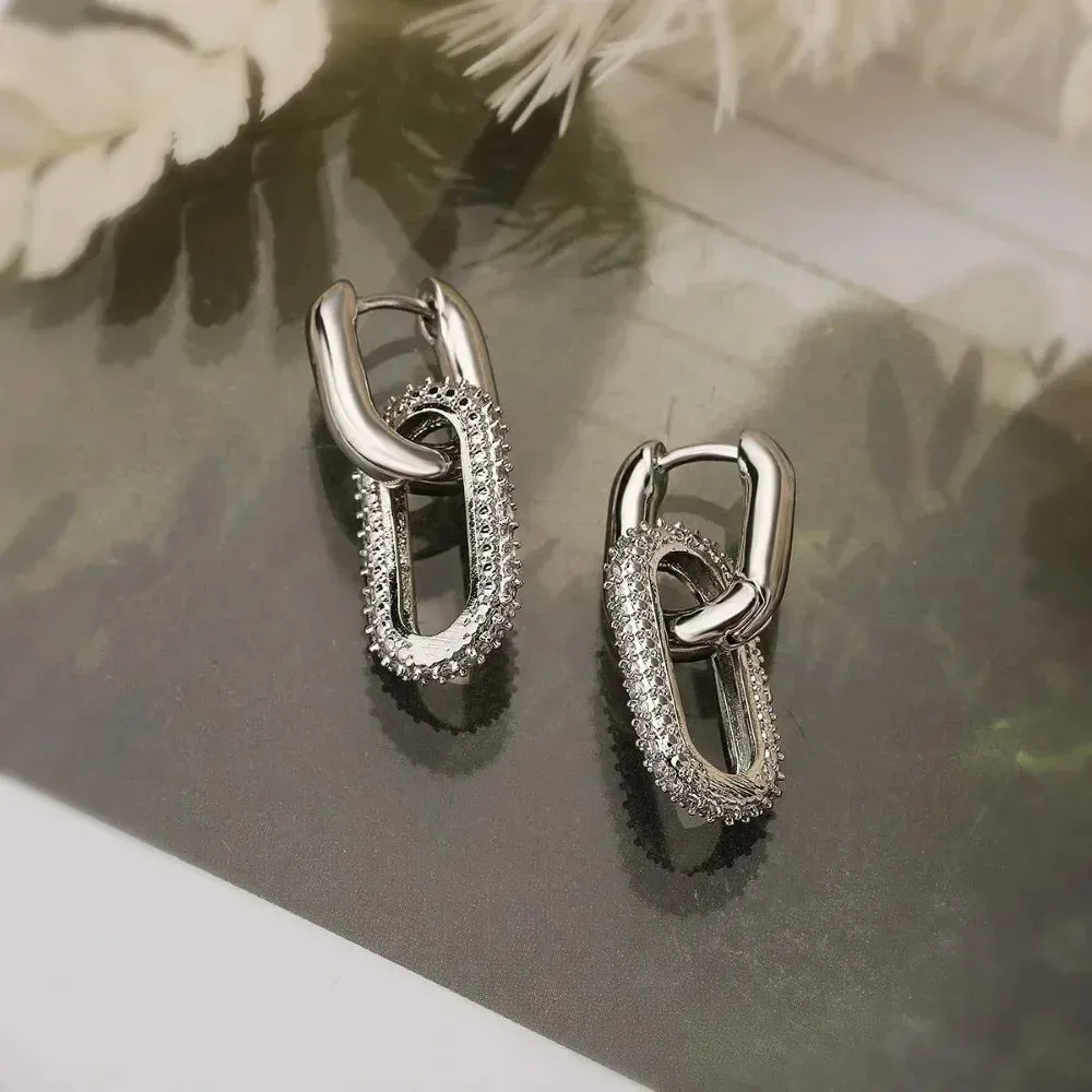 Modern Double Loop Design Shiny Crystal Hoop Stainless Steel Earrings for Women Beautiful Dangle Charm Jewelry Accessories