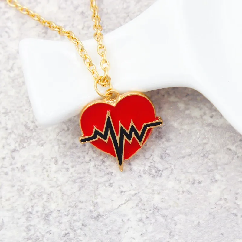 Red Heart Necklace Black/White Color Heartbeat Wave Heart Pendant Necklace