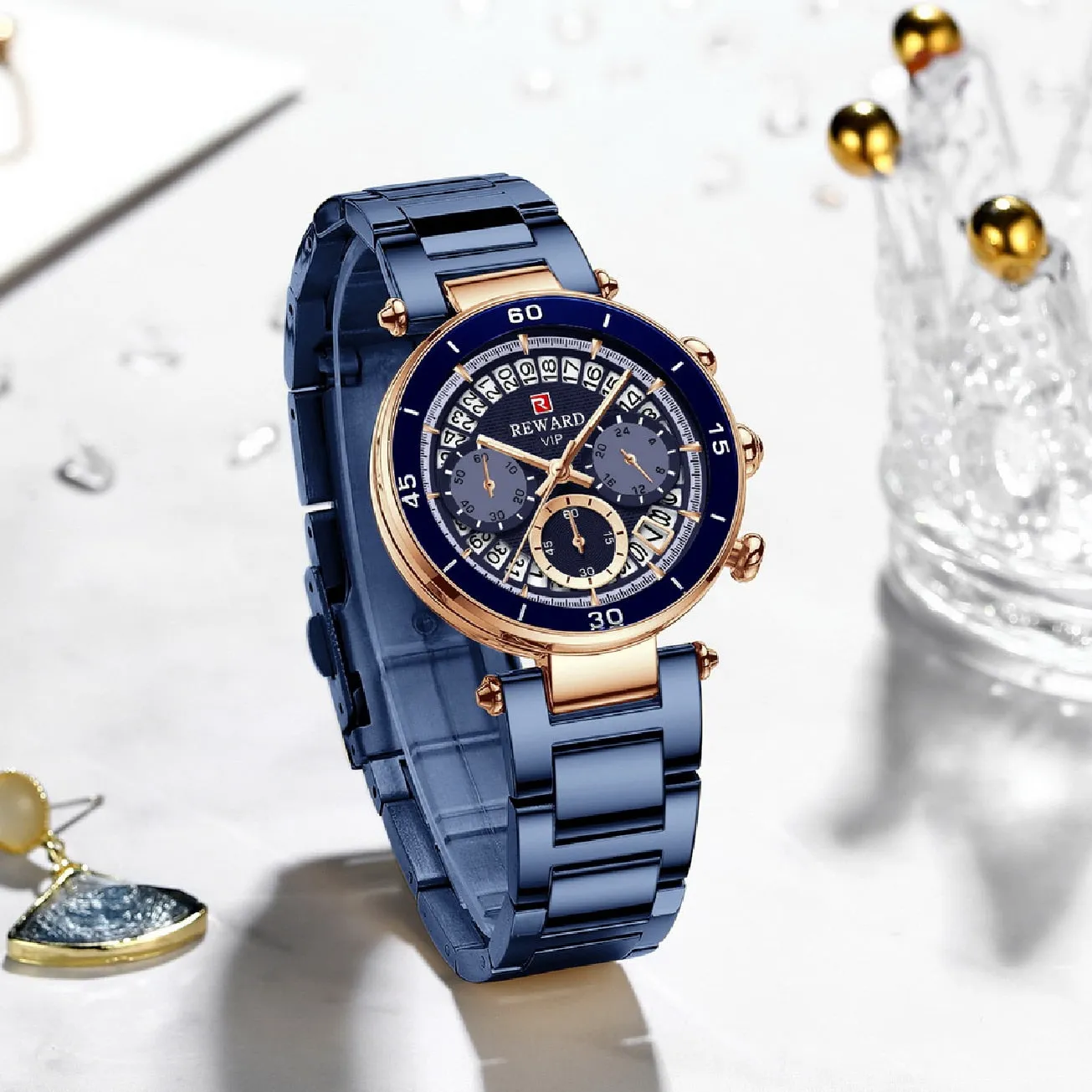 REWARD New Top Luxury Brand Women Watches Waterproof Quartz Clock Ladies Blue Stainless Steel Strap Wristwatch Relogio Feminino
