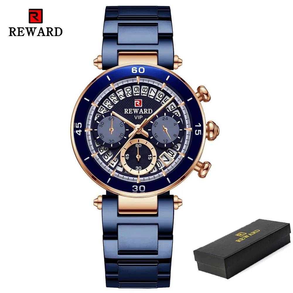 REWARD New Top Luxury Brand Women Watches Waterproof Quartz Clock Ladies Blue Stainless Steel Strap Wristwatch Relogio Feminino