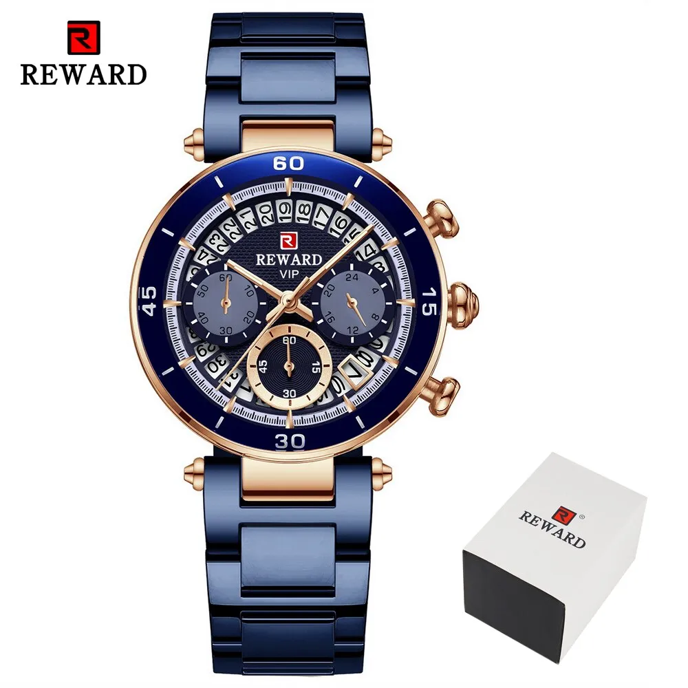 REWARD New Top Luxury Brand Women Watches Waterproof Quartz Clock Ladies Blue Stainless Steel Strap Wristwatch Relogio Feminino