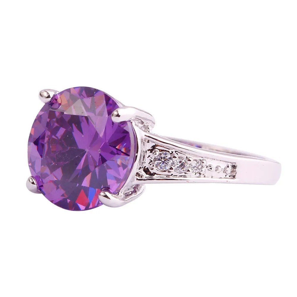 Romantic Women Purple Jewelry Chic Round Cut Purple Amethyst Silver Wedding Ring