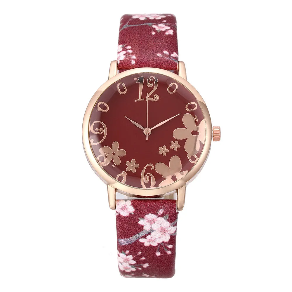 Sidiou Group Girls Luxury Watch Women New Fashion Embossed Flowers Small Fresh Printed Belt Dial Watch Female Student Quartz Watches