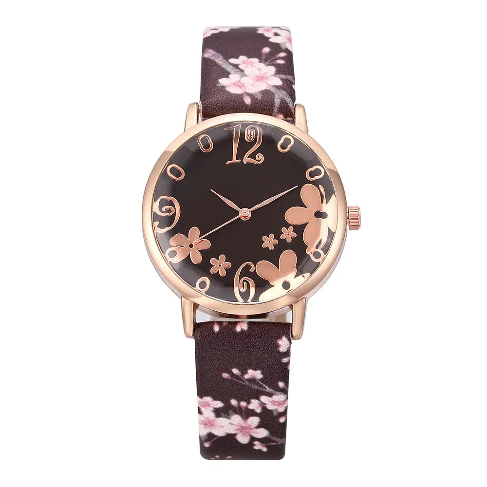Sidiou Group Girls Luxury Watch Women New Fashion Embossed Flowers Small Fresh Printed Belt Dial Watch Female Student Quartz Watches
