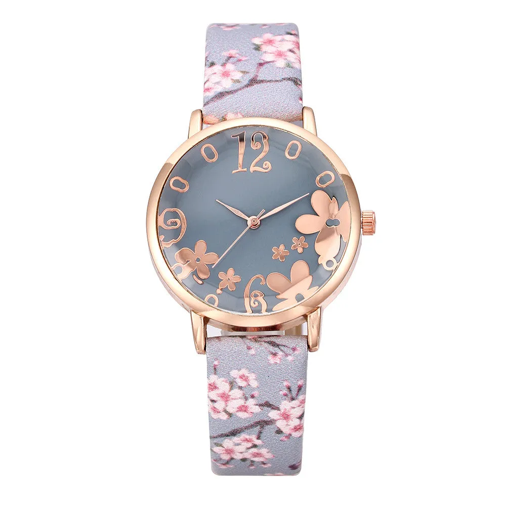 Sidiou Group Girls Luxury Watch Women New Fashion Embossed Flowers Small Fresh Printed Belt Dial Watch Female Student Quartz Watches