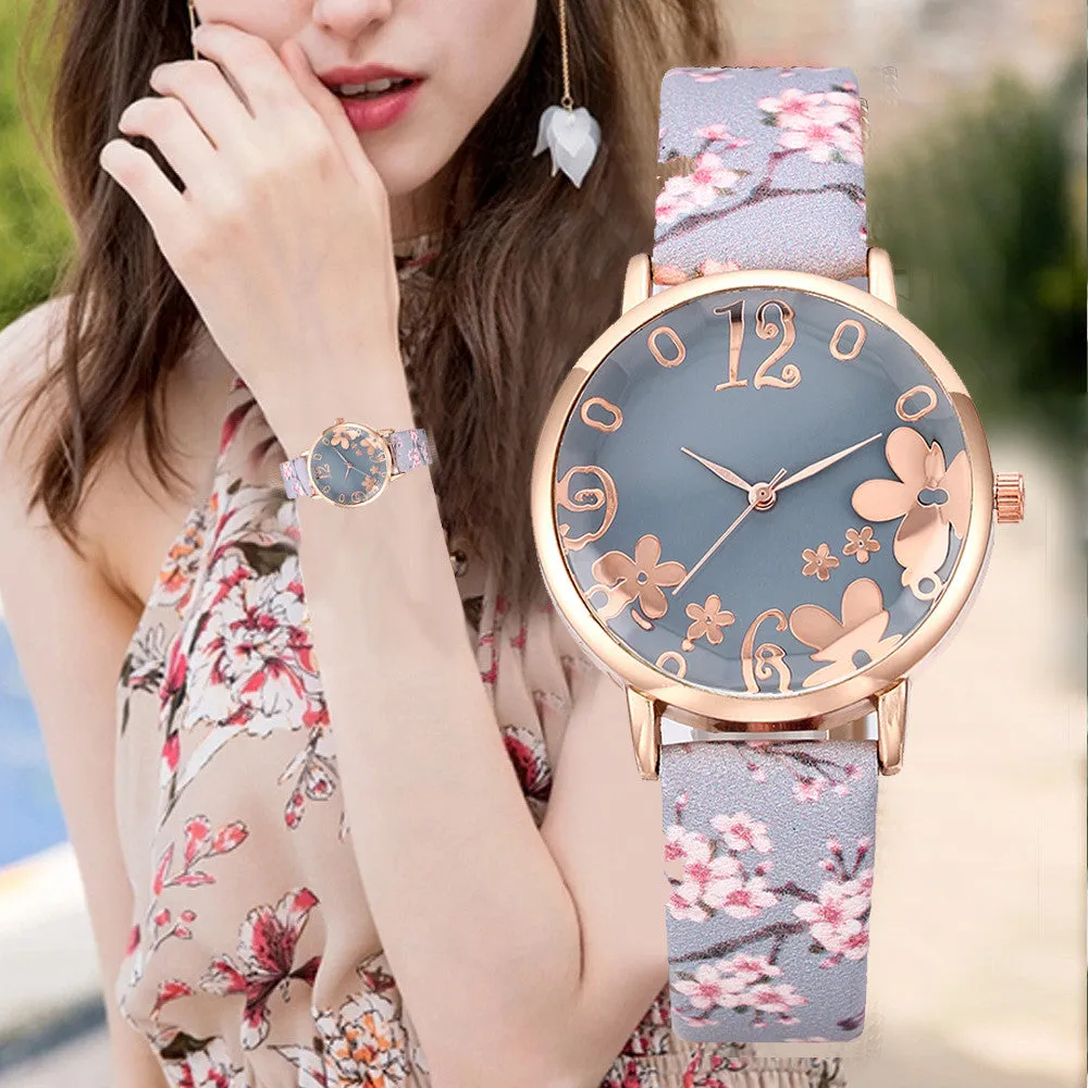Sidiou Group Girls Luxury Watch Women New Fashion Embossed Flowers Small Fresh Printed Belt Dial Watch Female Student Quartz Watches
